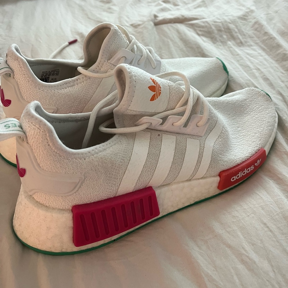 Adidas women’s NMD-R1, size 8, cloud white/magenta/Hi-Res green